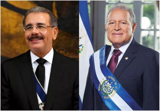  拼版图片：萨尔瓦多共和国总统萨尔瓦多·桑切斯·塞伦（右）和多米尼加共和国总统达尼洛·梅迪纳·桑切斯（左）。新华社发