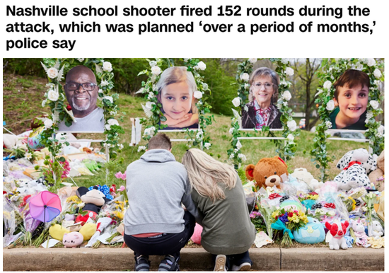 美国有线电视新闻网：枪手在纳什维尔的小学校园内总共开了152枪（题图为校园枪击案受害者家属在悼念亲人）