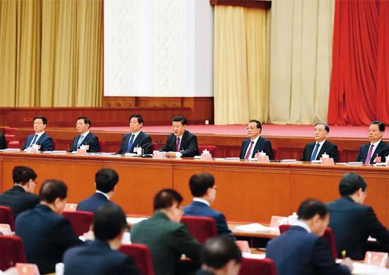 △中国共产党第十九届中央委员会第四次全体会议,于2019年10月28日至31日在北京举行。这是习近平、李克强、栗战书、汪洋、王沪宁、赵乐际、韩正等在主席台上。