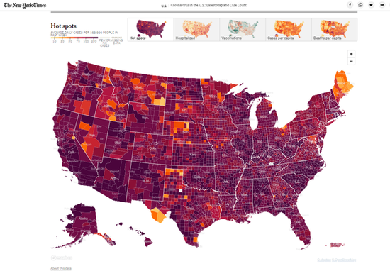 美国发布疫情报告，整个美国全紫了（图源：纽约时报）