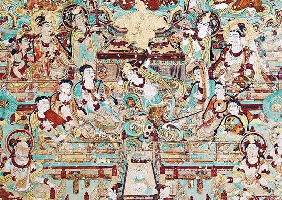 敦煌文化延续近两千年，是世界现存规模最大、延续时间最长、内容最丰富、保存最完整的艺术宝库，是世界文明长河中的一颗璀璨明珠，也是研究我国古代各民族政治、经济、军事、文化、艺术的珍贵史料。图为莫高窟第112窟南壁壁画“反弹琵琶乐舞图”。　敦煌研究院供图