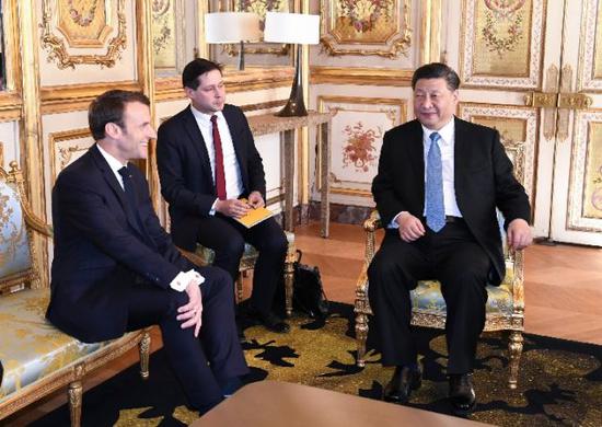 3月25日，国家主席习近平在巴黎爱丽舍宫同法国总统马克龙会谈。新华社记者 谢环驰 摄
