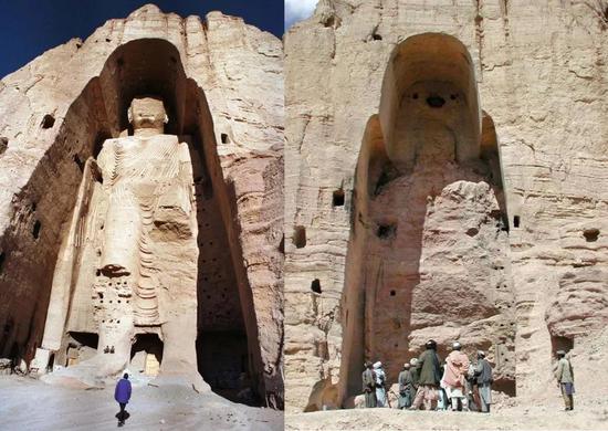 这张拼版照片上是被毁前后的阿富汗巴米扬大佛.