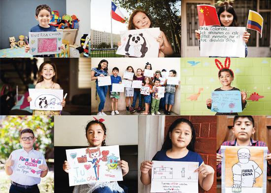  新冠肺炎疫情发生后，拉丁美洲一些国家的孩子们拿起画笔，描绘出他们对中国的支持和鼓励，送上了远方的真挚祝福。这是孩子们与画作合影的拼版照片。 新华社发