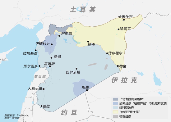 △叙利亚局势图，黄色部分为“叙利亚民主军”控制区 – 2019年3月1日
