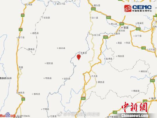 四川云南地震:云南昭通发生4.1级地震 四川乐山雅安等震感明显 图为发生地震的昭通永善县位置。中国地震台网官方微博发布