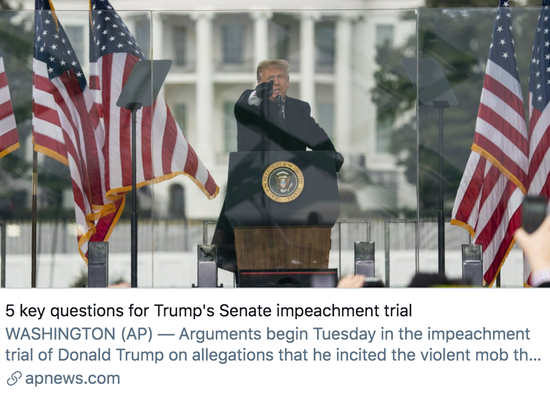 特朗普弹劾审判案的5个关键问题。/ 美联社报道截图