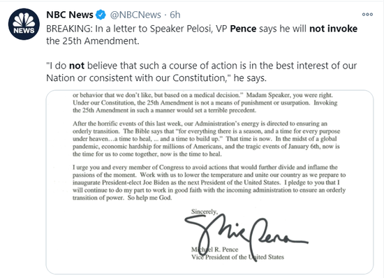 彭斯致信佩洛西称他不会援引第25条修正案罢免特朗普。/NBC报道截图