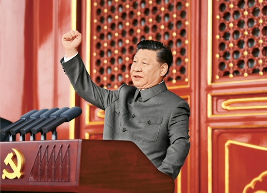 2021年7月1日，庆祝中国共产党成立100周年大会在北京天安门广场隆重举行。中共中央总书记、国家主席、中央军委主席习近平发表重要讲话。　新华社记者 谢环驰/摄