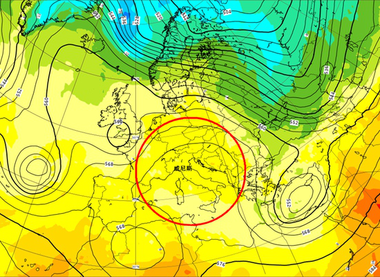 欧洲高空气压场图，红圈标注为高压控制区示意。（数据来源：欧洲中心）