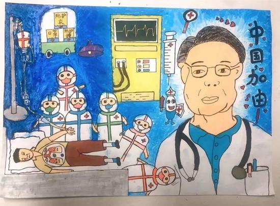 当地五年级小朋友画给周主任和所有医务工作者的画