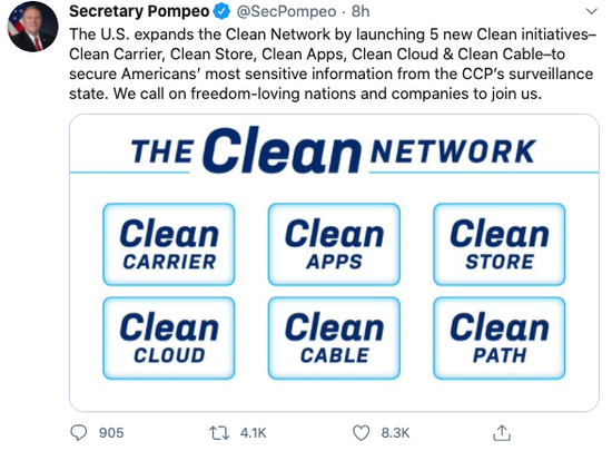  蓬佩奥在推特上介绍其“清洁网络”计划（图源：网络）