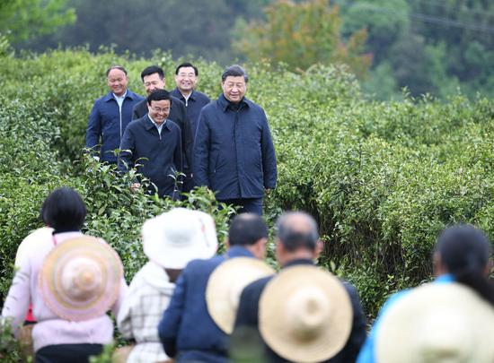  ↑2020年4月21日，习近平来到陕西省安康市平利县老县镇，在茶园考察脱贫攻坚情况。