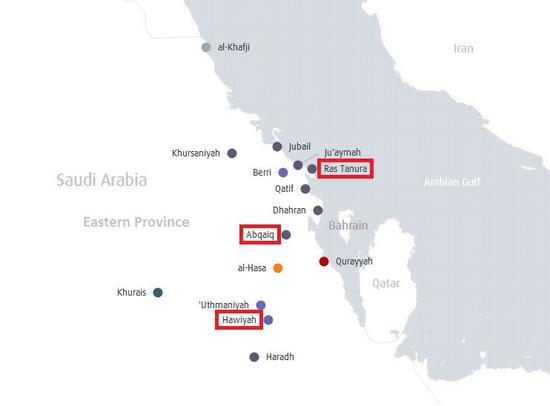 （沙特境内遇袭石油设施所在地Abqaiq和Khurais）