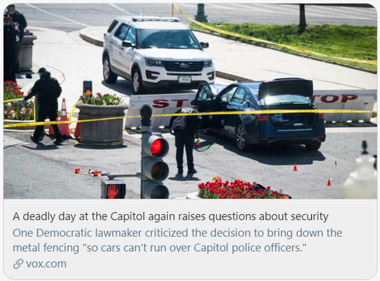 国会大厦袭警事件对安保提出了新问题。/Vox报道截图