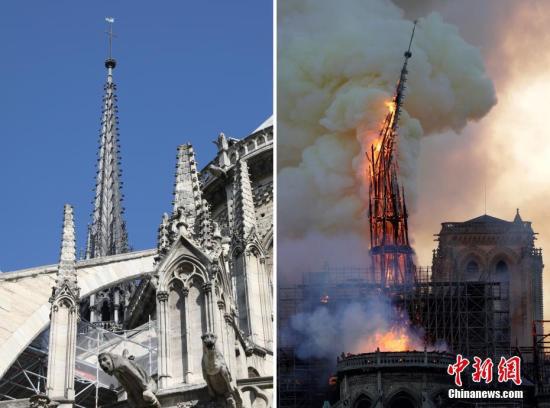  当地时间4月15日，法国巴黎圣母院遭遇大火，浓烟弥漫整个巴黎上空。在大火中，大教堂著名的尖塔坠落，内部损伤严重。图为大教堂标志性尖塔在大火中被烧毁。