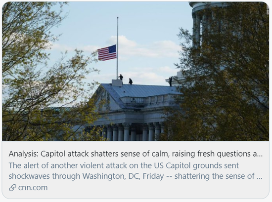 国会大厦袭警事件打破了宁静。/CNN报道截图