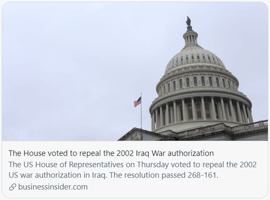 美国众议院投票同意废除2002年伊拉克战争授权法。/《商业内幕》杂志报道截图