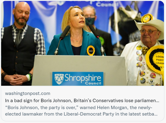 英国保守党在补选中丢掉北什罗普郡议会席位。/社交媒体截图