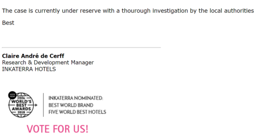 Inkaterra酒店负责人称案件暂不便披露