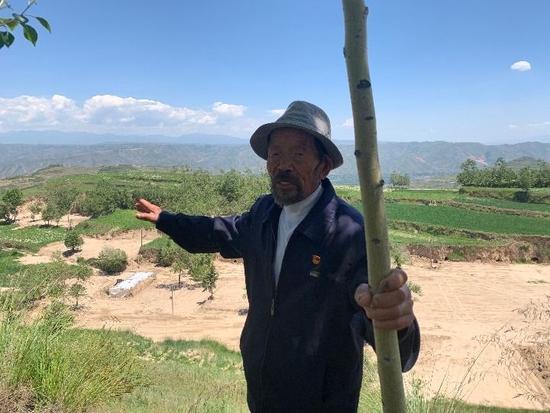  李洪占给记者展示他曾种过的树。新华社记者李琳海摄