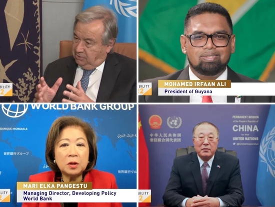 左上联合国秘书长古特雷斯 右上圭亚那总统穆罕默德·伊尔法恩·阿里 左下世界银行常务副行长冯慧兰 右下中国常驻联合国大使张军
