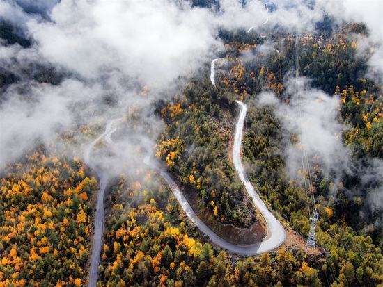 2020年11月5日拍摄的派墨公路米林段一景（无人机照片）。新华社发（董志雄 摄）