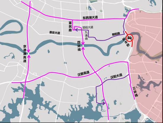 白沙洲大道方向往来东西湖方向的货车可绕行白沙洲大道,青郑高速,四环