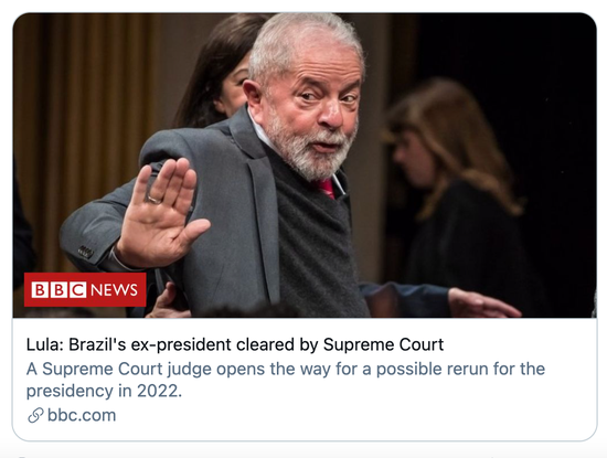 卢拉：巴西前总统的腐败定罪被废止。/BBC报道截图