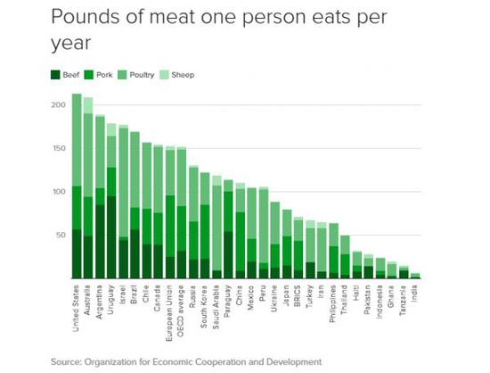 ▲年人均肉类消费（经济合作与发展组织）