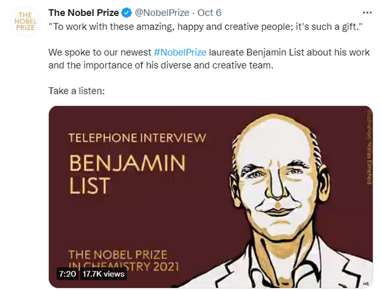 诺贝尔奖官方连线本亚明·利斯特。/图片来自诺贝尔奖官方推特