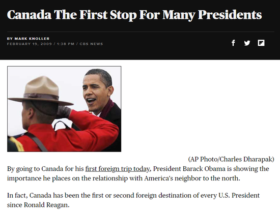 加拿大曾是许多美国总统的外访第一站。/CBS报道截图