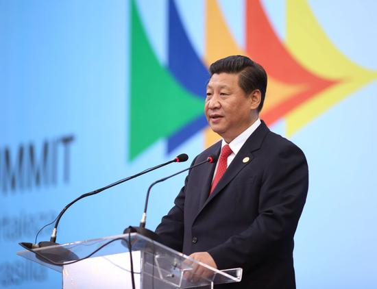 2014年7月15日，习近平主席出席金砖国家领导人第六次会晤并发表重要讲话。新华社记者兰红光摄