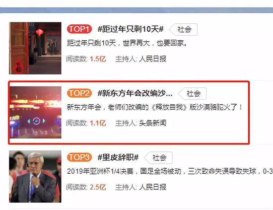 "新东方年会改编沙漠骆驼"登上微博热搜榜第二