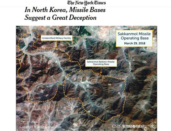 ▲图为《纽约时报》发布的一张朝鲜秘密弹道导弹基地的卫星图像。据悉，虽然朝鲜已经拆除了一个主要的导弹发射场，但是在其他不同的地方却有多达十几个的导弹基地正在秘密完善和运行着。（图自CSIS/Beyond Paralling）