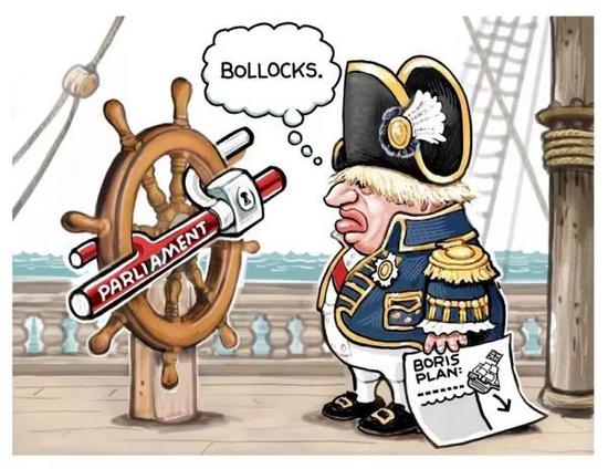  ▲[僵局]英国首相鲍里斯·约翰逊拿着“鲍里斯计划”：让英国之船陷落，无奈地看着被“议会”锁住的船舵说：“糟心。”（美国《一周》周刊网站）