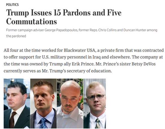 （截图来自美国《华尔街日报》的报道，图中的四人即被特朗普特赦的四名黑水公司的雇员）