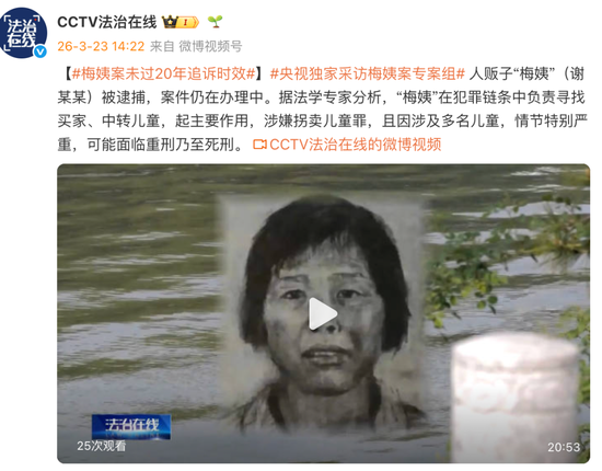 “梅姨案”未过20年追诉时效，“梅姨”即将被移送到检察机关，春节前被抓获，目前被关押在广州增城区看守所