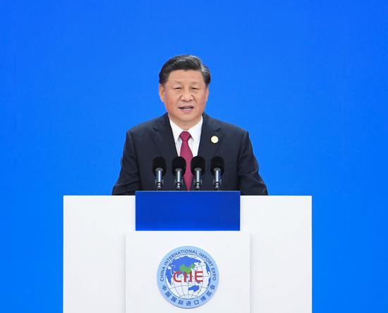  2019年11月5日，习近平出席第二届中国国际进口博览会开幕式并发表主旨演讲。新华社记者 申宏 摄