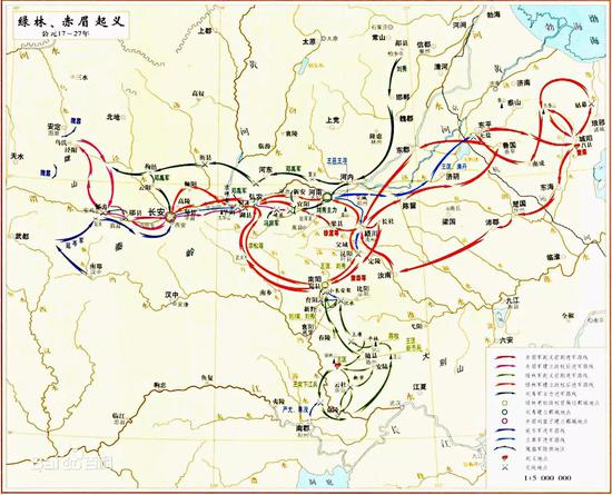 绿林赤眉军前后期活动示意图(图源:百度百科)