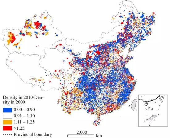 （图为2000-2010年中国城市人口密度的变化）