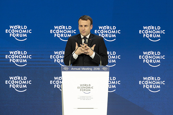 2018年1月24日，瑞士达沃斯，法国总统马克龙参加达沃斯世界经济论坛。（视觉中国）