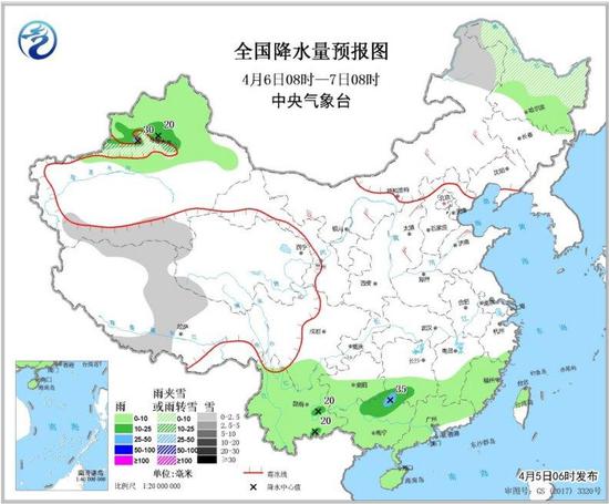 图3 全国降水量预报图（4月6日08时-7日08时）