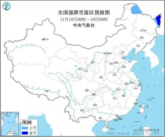 全国强降雪落区预报图(11月18日08时-19日08时)