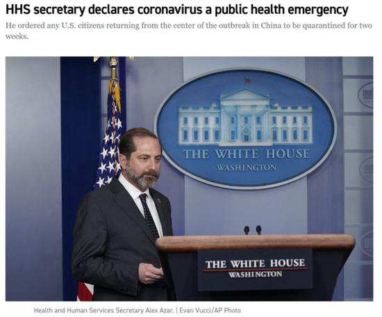 美国卫生部部长亚历克斯·阿扎尔（Alex Azar） 图片来源： https：//www.politico.com/news/2020/01/31/coronavirus-public-health-emergency-110071
