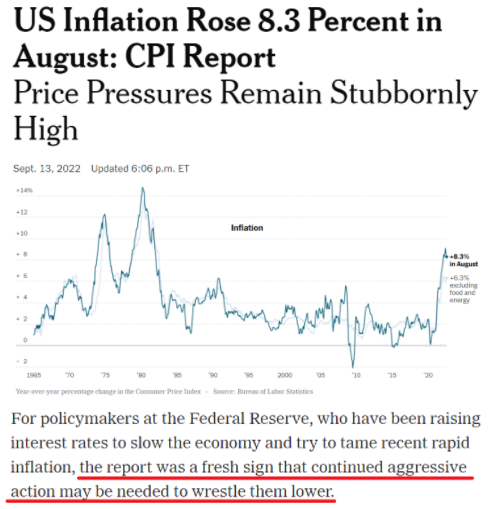 《纽约时报》：美国劳工部公布的最新数据显示，今年8月美国消费者价格指数（CPI）同比上涨8.3%。居高不下的通胀率再度强化了市场对美联储持续激进加息的预期。