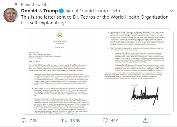 特朗普发推并置顶：“这是写给世界卫生组织总干事谭德塞博士的信。这无须解释！