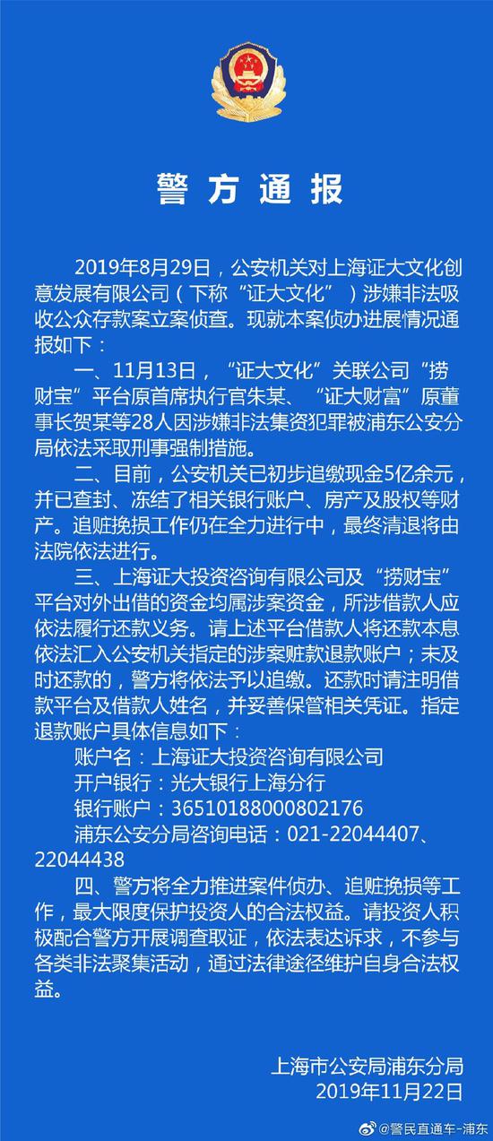 上海警方通男子赌博输钱报案报“证大系”案: