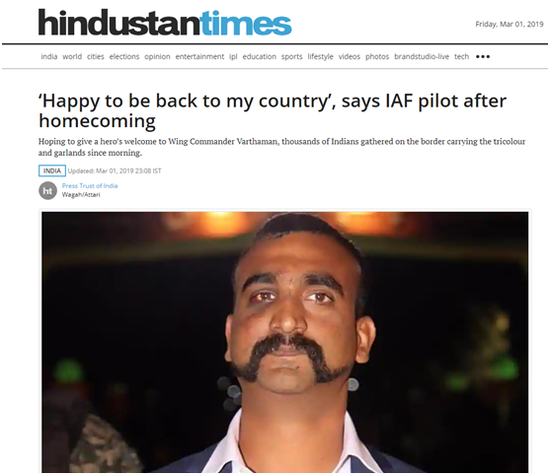 （《印度斯坦时报》：“很开心回到我的祖国”，印度空军飞行员在回国后说。）