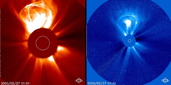 日冕物质抛射在日冕仪中的图像。日冕物质抛射和太阳耀斑经常伴随出现，爆发过程也可能存在关联，但并非同一种现象。图片来源：NASA